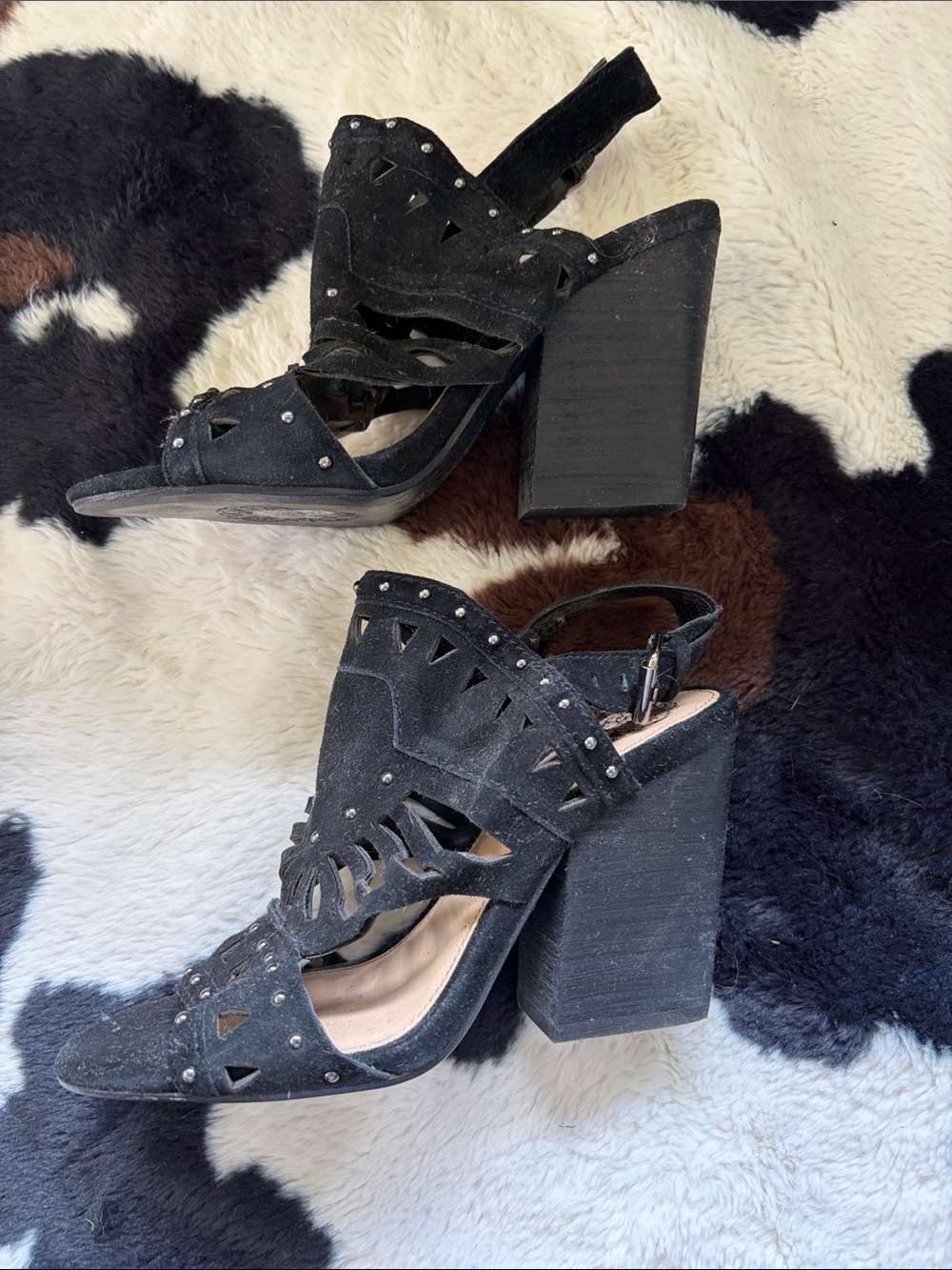 Vince Camuto Black Suede Cutout Stud Block Heel Sandals